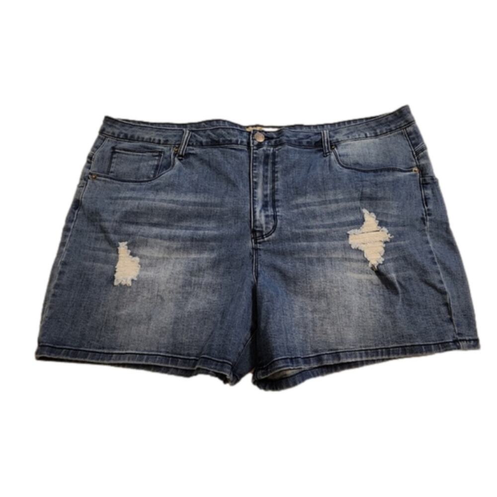 Hybrid Distressed Denim Jean Shorts Medium Wash Rips Plus Size Casual Summer 24